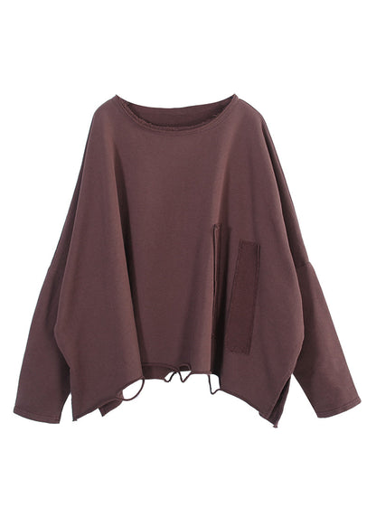 Plus Size Coffee O-Neck Side Open Sweatshirt Fall