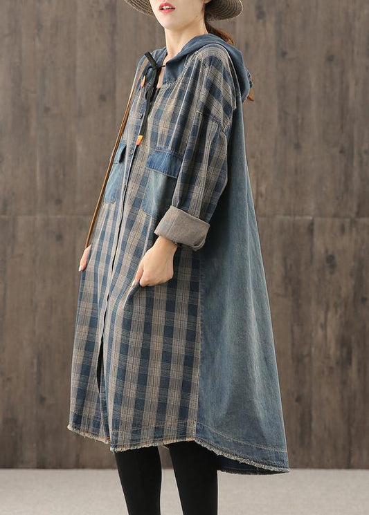 Vivid denim blue plaid Tunic hooded Button Down Plus Size Dress