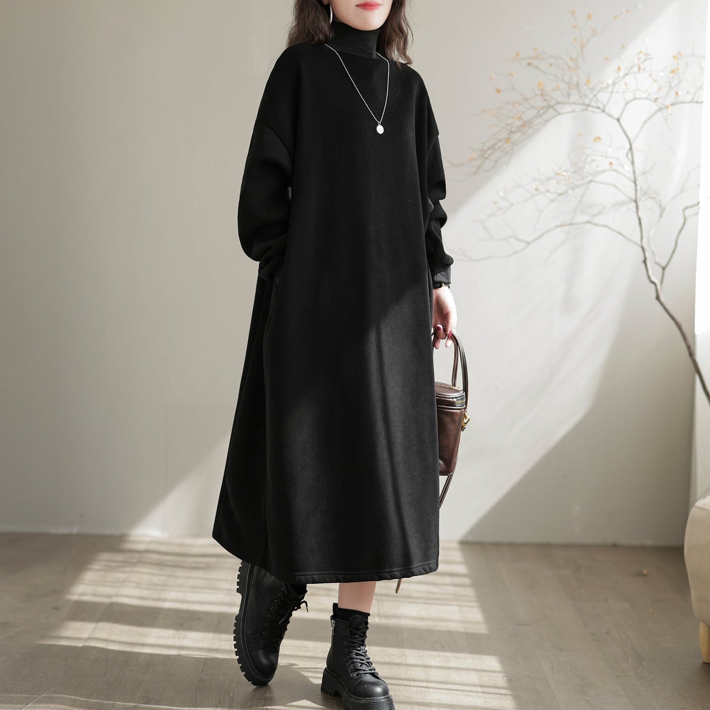 Autumn Winter Furred Turtleneck Casual Dress