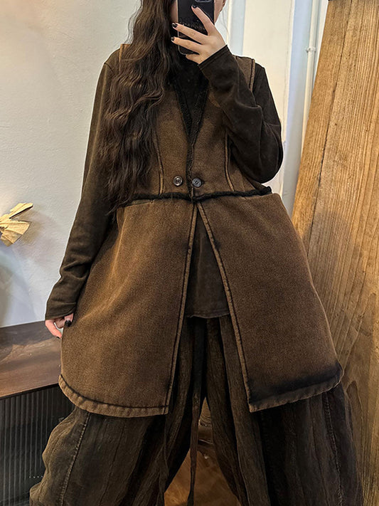 Women Winter Vintage Thick Button Long Waistcoat