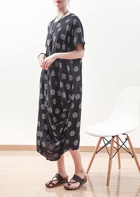 French black prints linen dress Casual Sewing draping long summer Dresses
