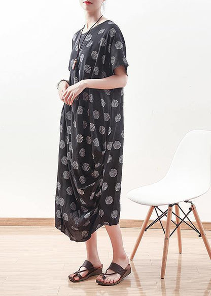 French black prints linen dress Casual Sewing draping long summer Dresses