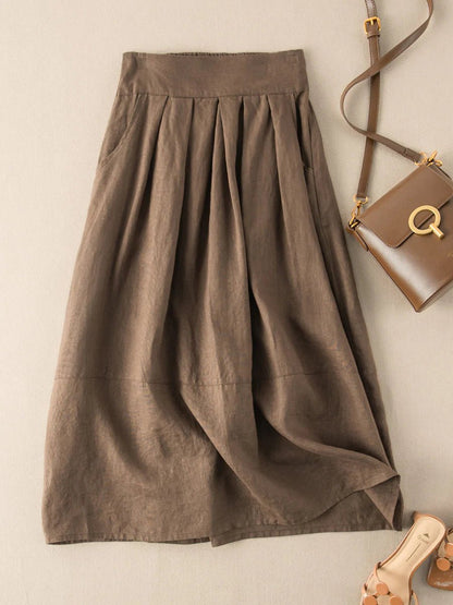 Pure Color Pleated Casual Linen Skirt