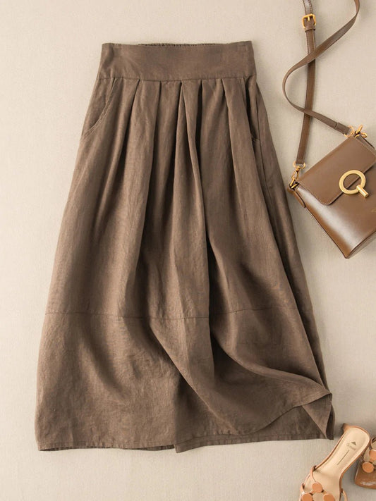 Pure Color Pleated Casual Linen Skirt