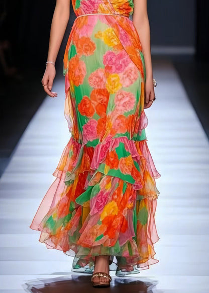 Elegant Orange V Neck Floral Chiffon Maxi Dress Summer