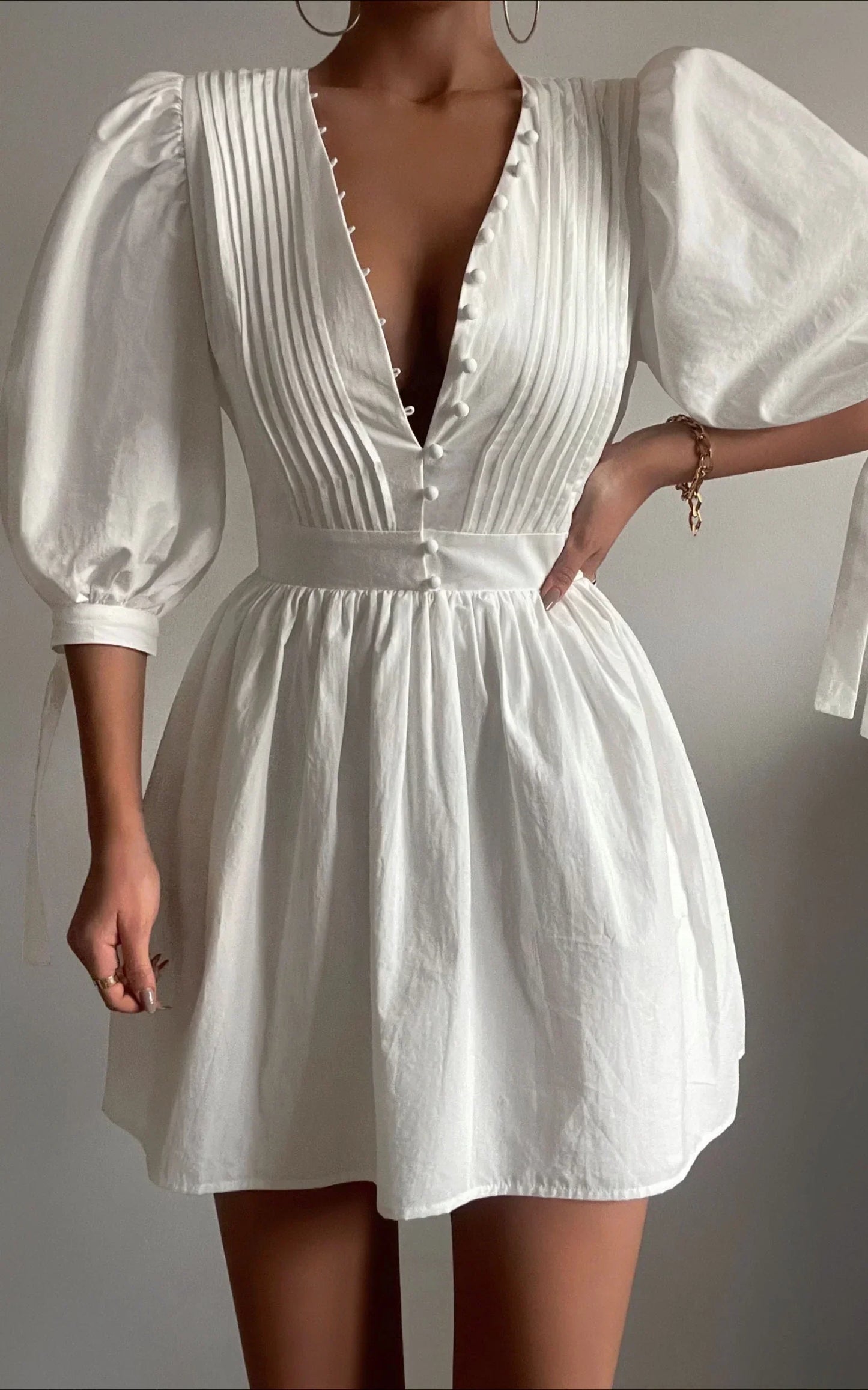 Zandra Mini Dress - Puff Sleeve Poplin Dress In White