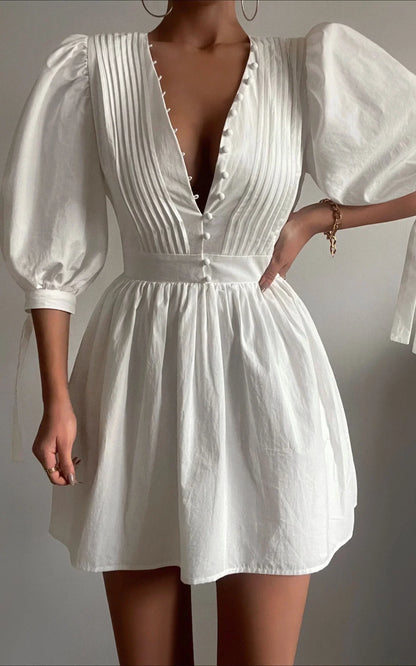 Zandra Mini Dress - Puff Sleeve Poplin Dress In White