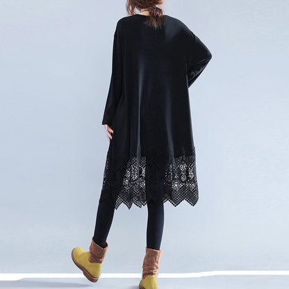 Fine Black Cotton Dresses Casual Cotton Clothing Dresses Fine Lace Ruffles Long Sleeve Cotton Dresses