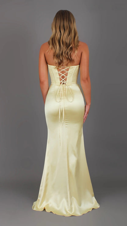Bella - Yellow Formal Dress, Strapless lace Corset, fitted pleated satin skirt