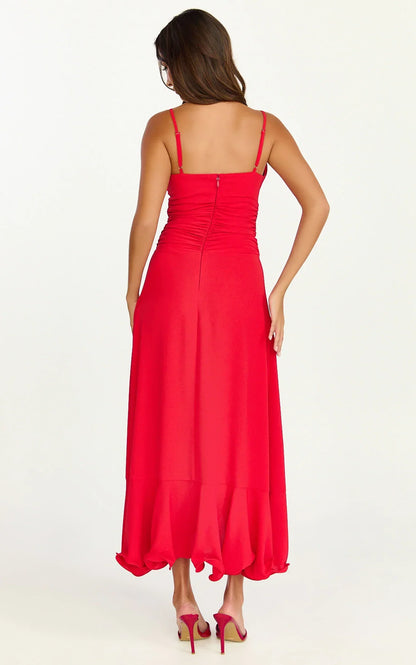 Vivienne Midi Dress - Rosette Neck Gathered Frill Split Leg Dress in Red