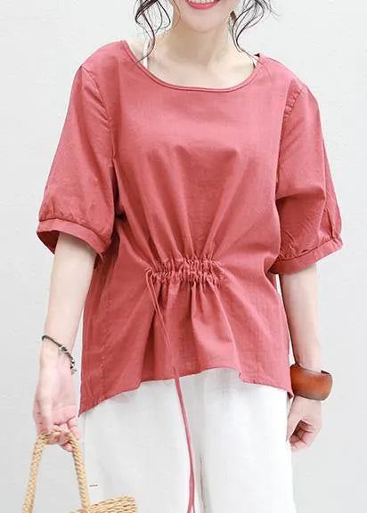 Bohemian half sleeve linen tunic top red drawstring loose top summer