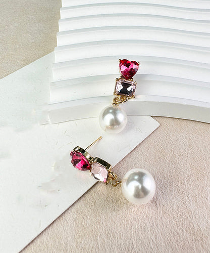 Cute Red Sterling Silver Alloy Love Crystal Zircon PearlDrop Earrings