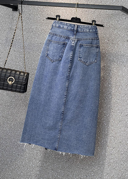 Style Denim Light Blue High Waist Side Open Button Asymmetrical Pockets Cotton A Line Skirts Cozy