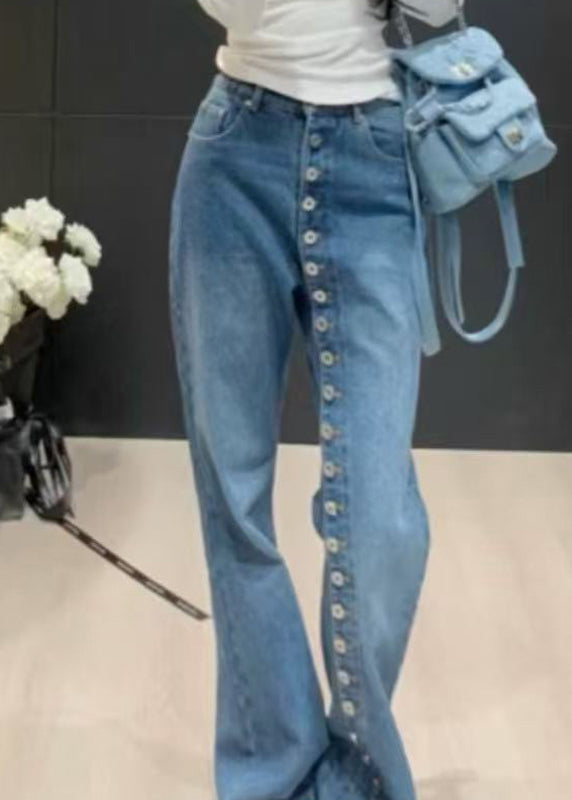 Casual Blue High Waist Pockets Patchwork Jeans Spring