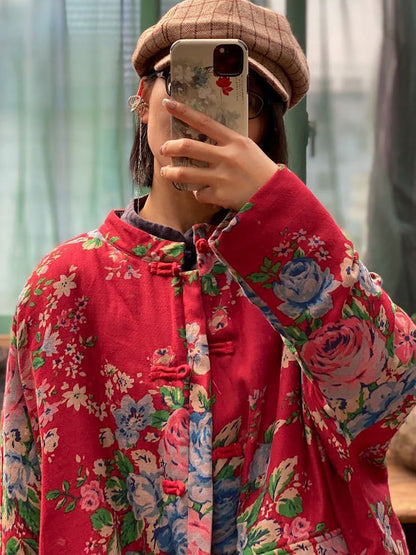 Oversize Women Pockets Print Cotton Coat