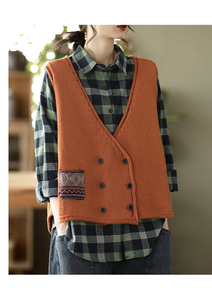 Vintage Knit Loose Double-Breasted Patch Vest