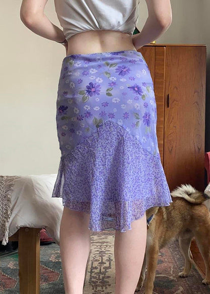 Elegant Purple Zippered Print Patchwork Chiffon Skirt Summer