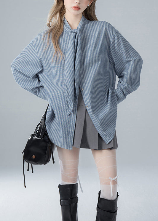 French Blue Striped Bow Cotton Shirts Spring
