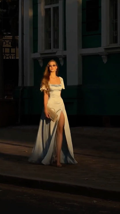 Sexy U Collar Waist-Tight High Slit Solid Color Dress