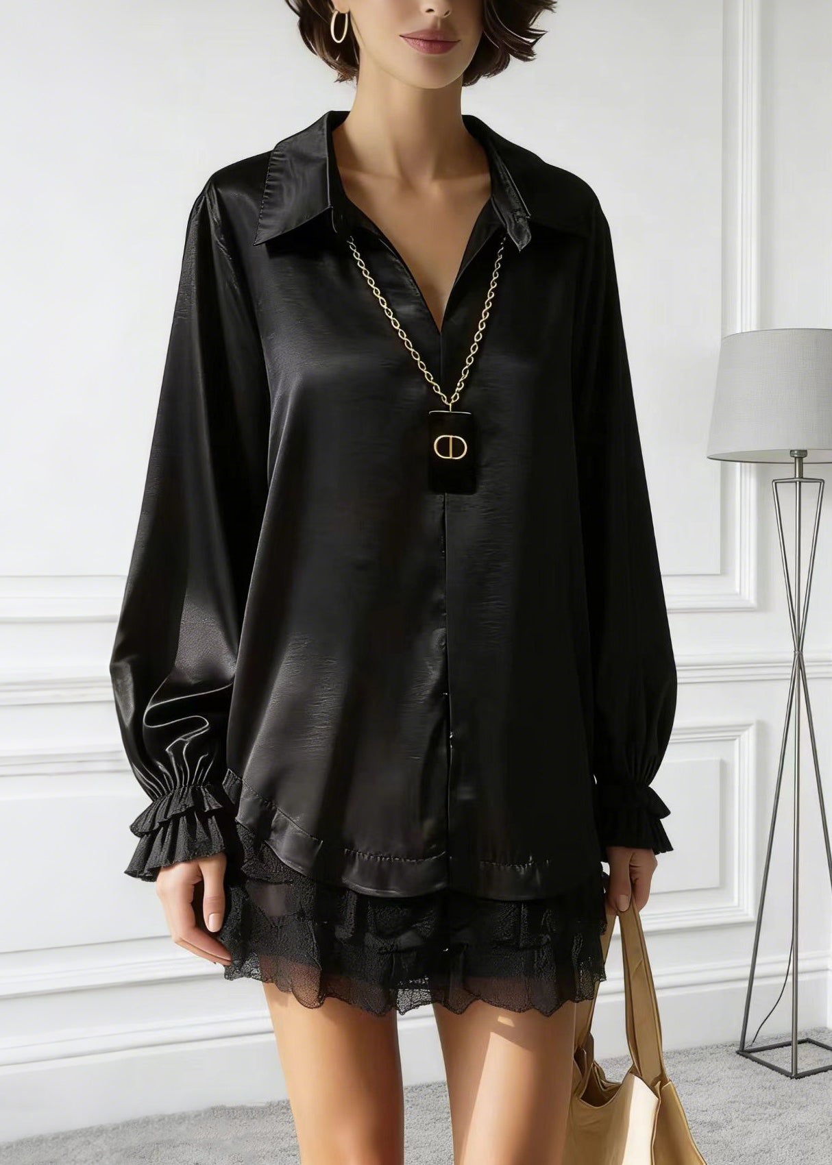 Women Black Peter Pan Collar Lace Patchwork Silk Shirt Tops Spring
