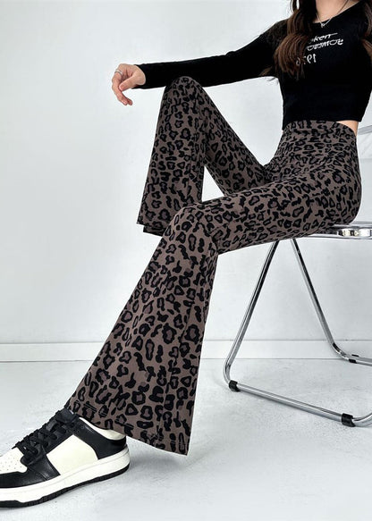 2025 New Coffee Leopard Print Flared Pants Autumn