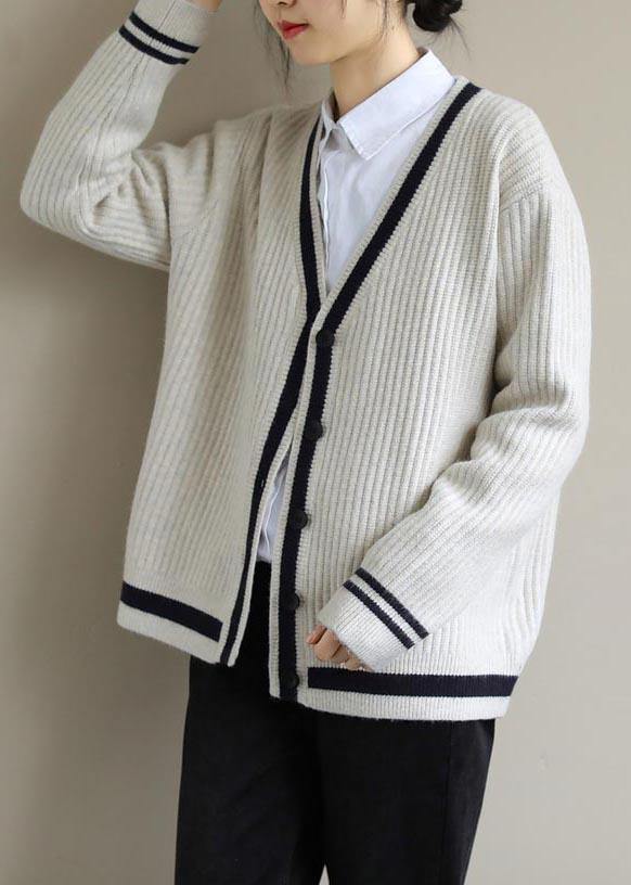 Fashion Beige Sweater Blouse V Neck Button Down  Sweaters