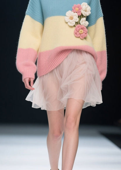 Boutique Colorblock O Neck Floral Knitwear Sweater Fall