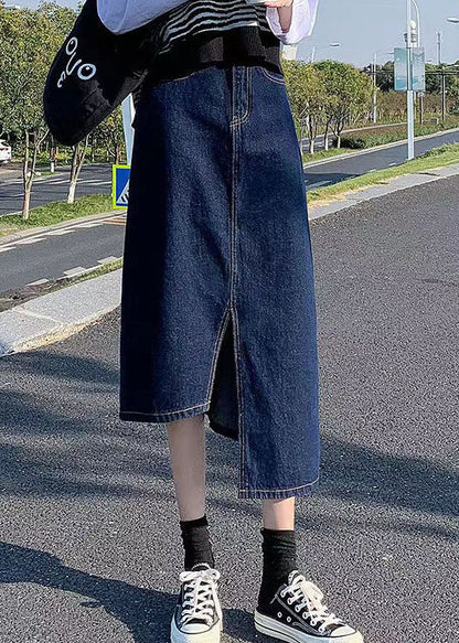 Elegant Navy Side Open Asymmetrical Pocket Cotton Denim Wraped Skirts Cozy