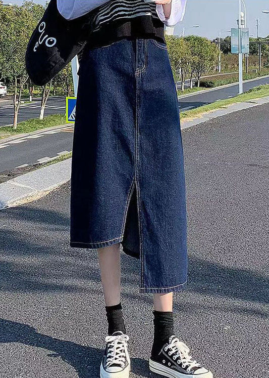Elegant Navy Side Open Asymmetrical Pocket Cotton Denim Wraped Skirts Cozy