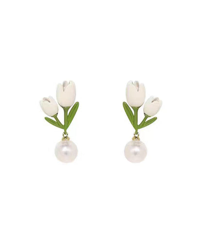 Chic White Sterling Silver Alloy Pearl Tulip Stud Earrings