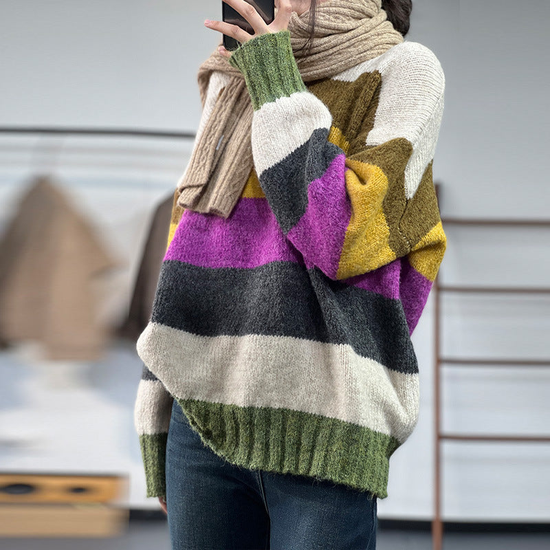Rainbow Striped Knit Insulated Crewneck Sweater