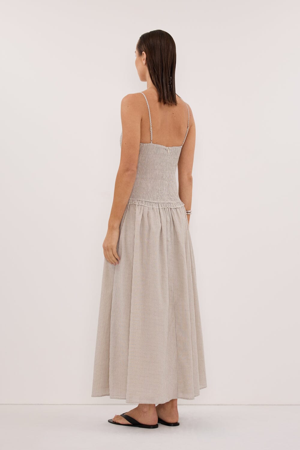 Spaghetti Strap Open-Back Gingham Flare