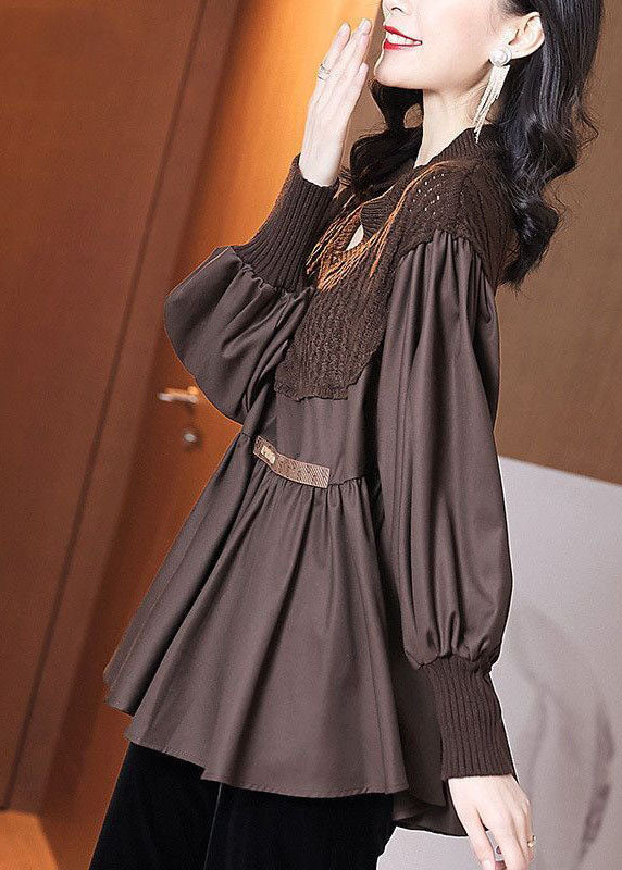 Coffee Patchwork Knit Blouse Tops V Neck Ruffles Long Sleeve