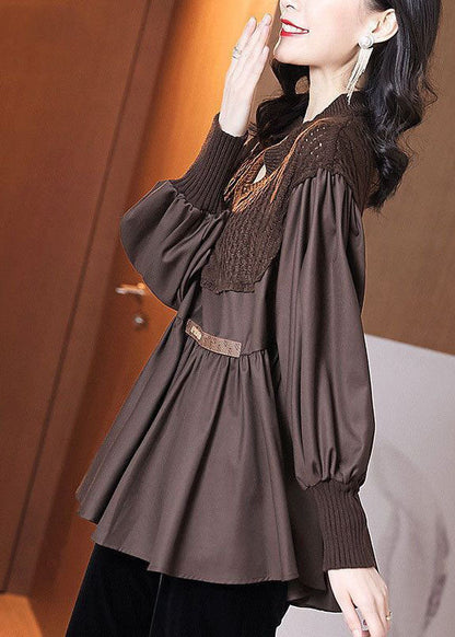 Coffee Patchwork Knit Blouse Tops V Neck Ruffles Long Sleeve