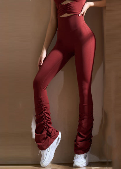 Red Wrinkled High Waist Solid Yoga Pants