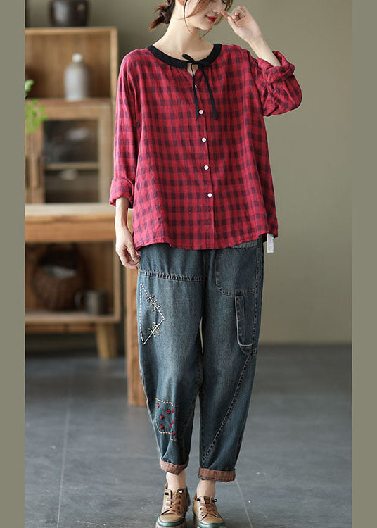 DIY Coffee Plaid Button tie Fall Shirt Long sleeve