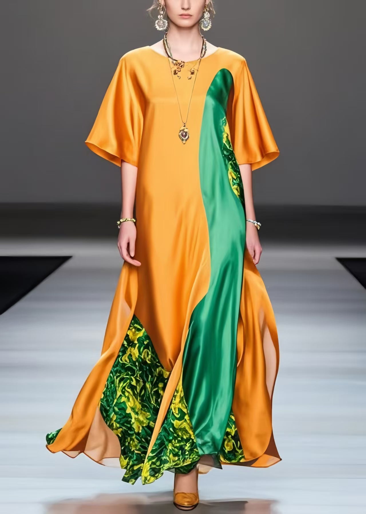 Bohemian Orange Oversized Patchwork Silk Long Dress Summer