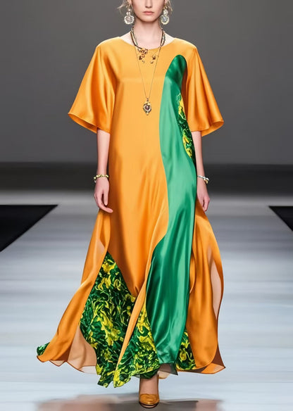 Bohemian Orange Oversized Patchwork Silk Long Dress Summer