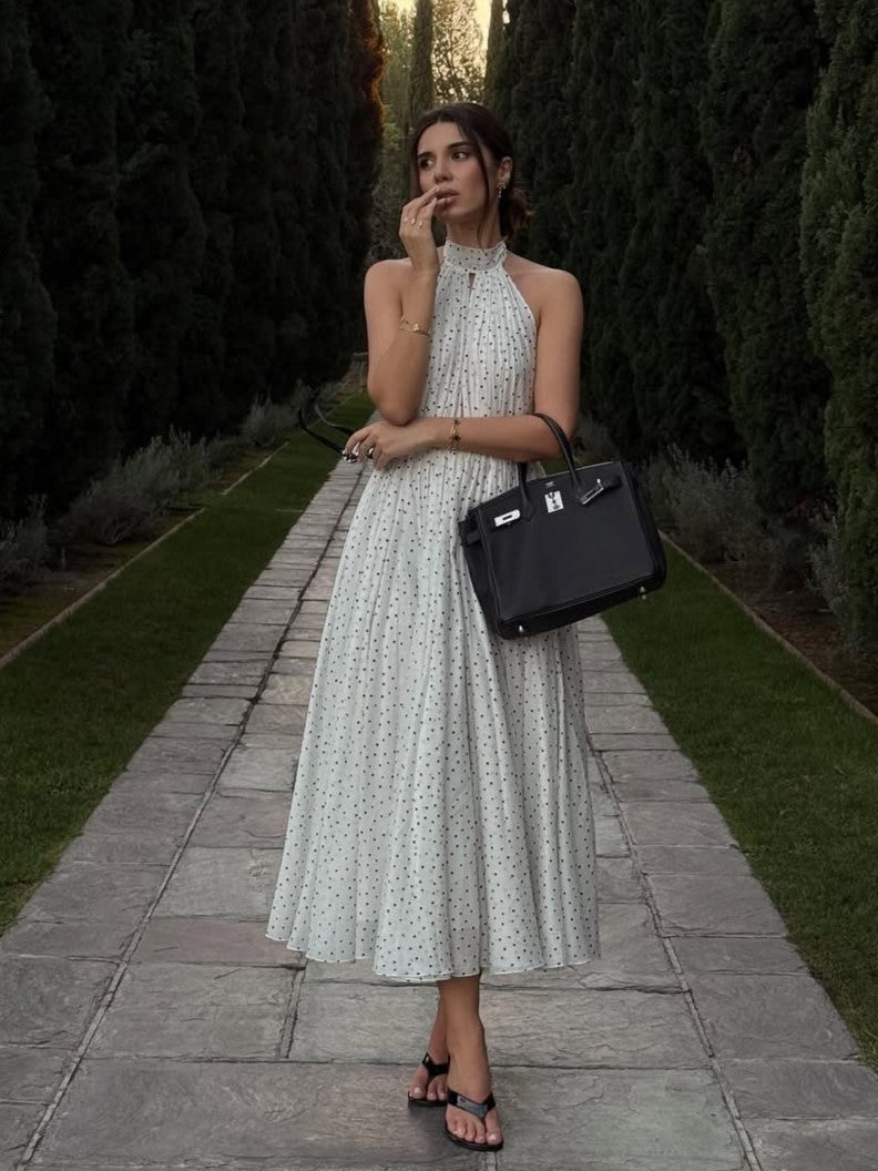 Polka Dot Halter Open Back Flowy A-line Maxi Dress
