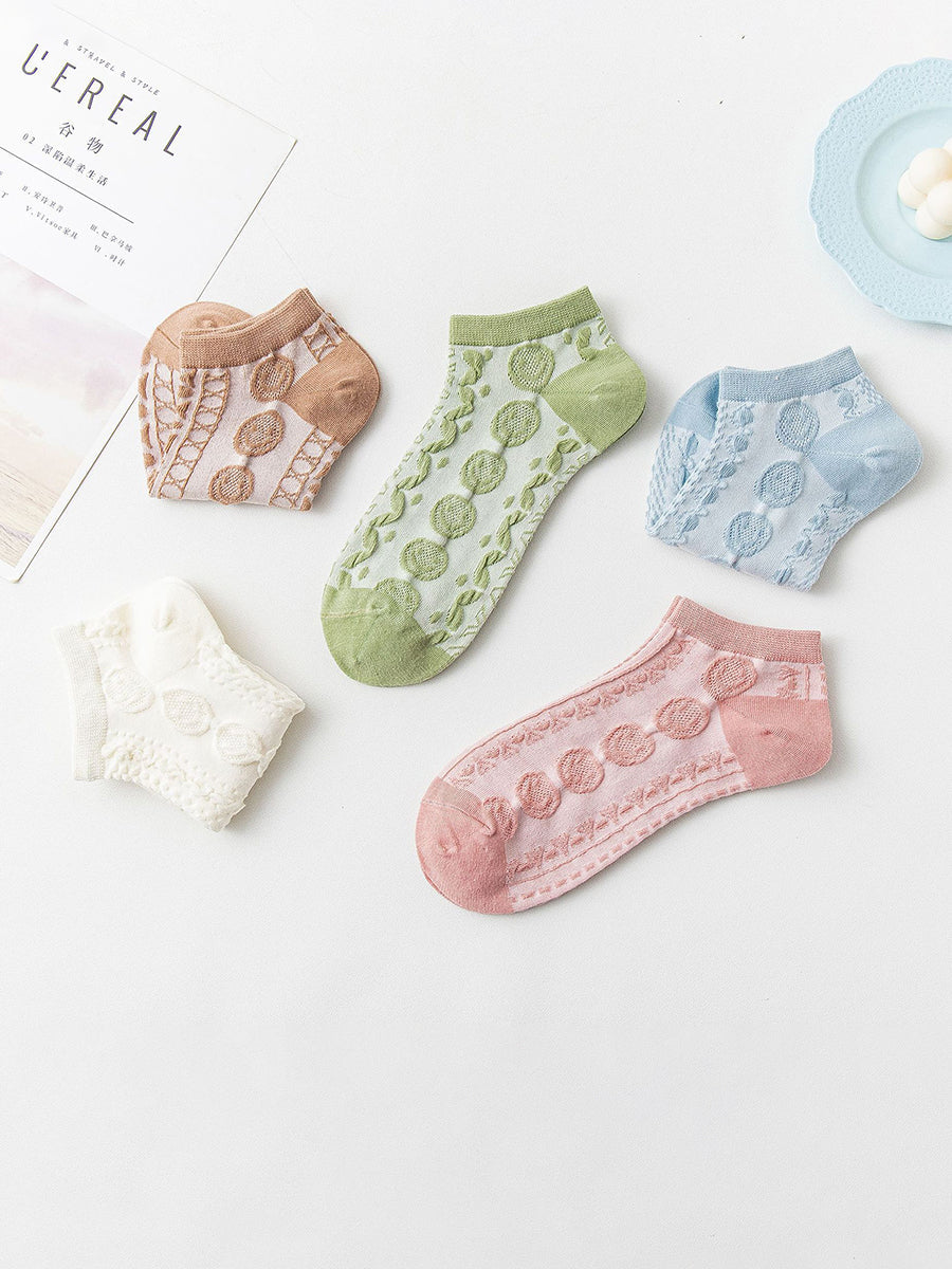 5 Pairs Women Pure Cotton Floral Vintage Boat Socks