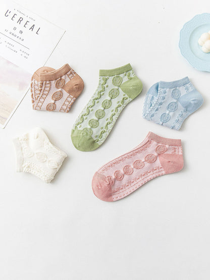 5 Pairs Women Pure Cotton Floral Vintage Boat Socks