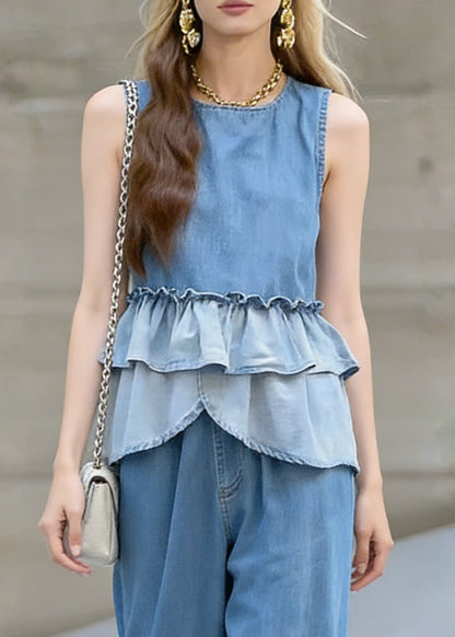 Chic Gradient Color Ruffled Patchwork Denim Two Pieces Set Sleeveless