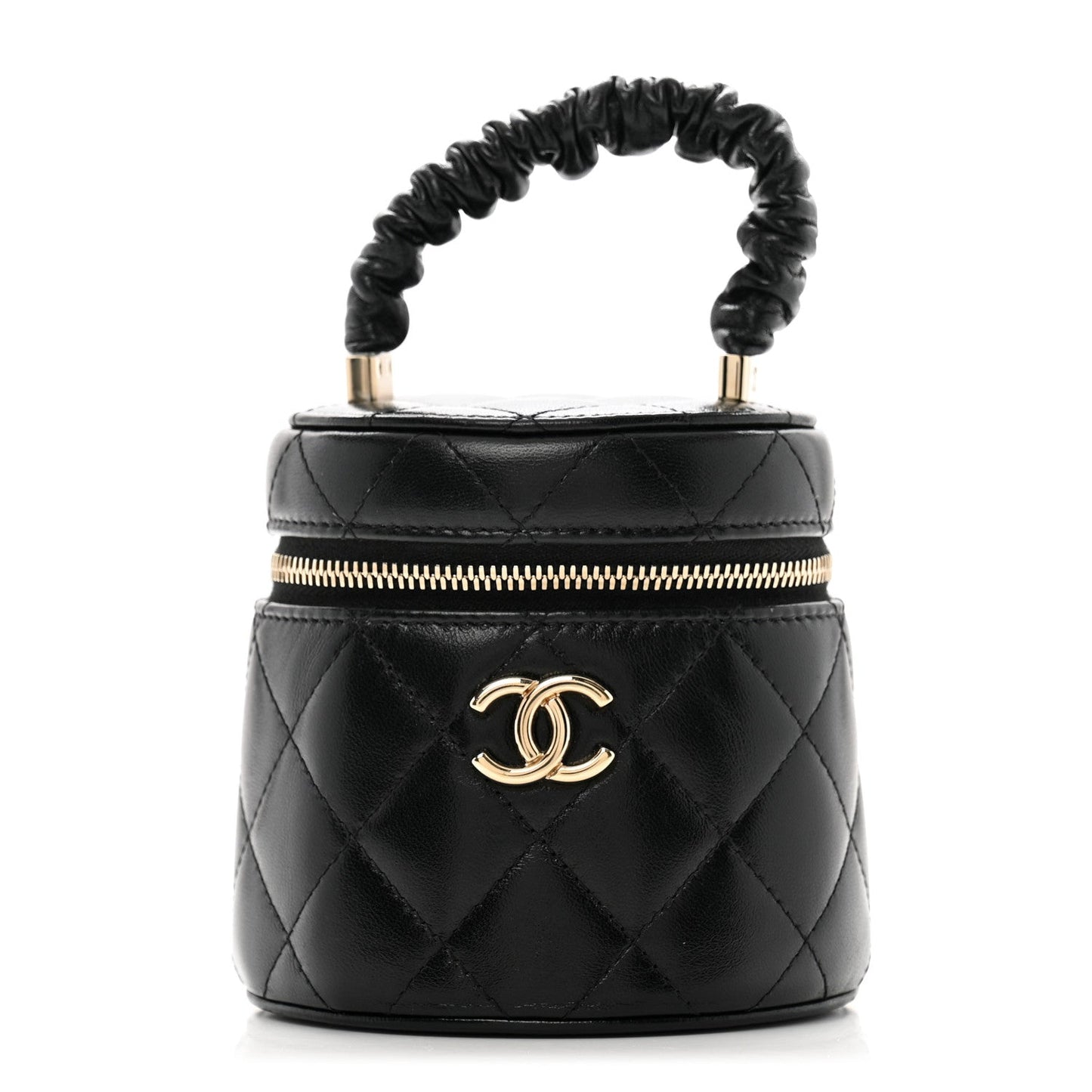 Lambskin Quilted Ruched Handle Vanity Case Black