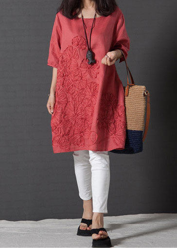 DIY Red Embroidered Linen Day Dress Half Sleeve
