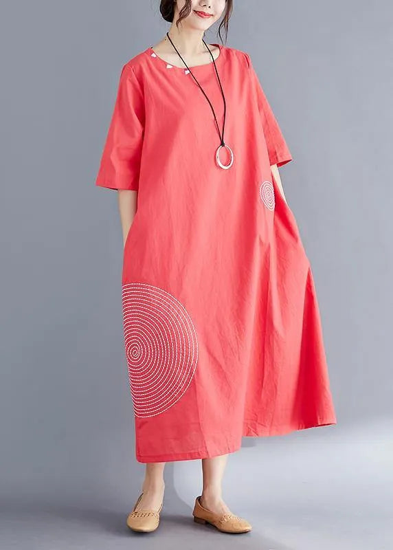 Modern o neck embroidery cotton tunic top Vintage Work Outfits red Maxi Dresses Summer