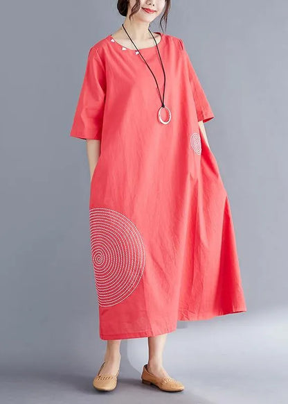Modern o neck embroidery cotton tunic top Vintage Work Outfits red Maxi Dresses Summer