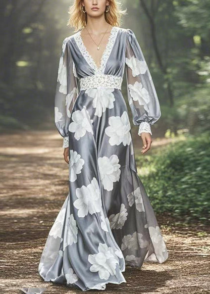Chic Grey V Neck Print Patchwork Silk Long Dresses Spring