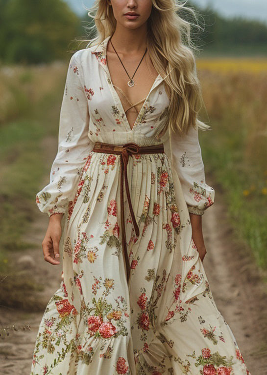 Women V Neck Print Long Sleeve Bohemian Pastoral Dress