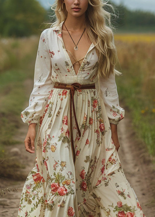 Women V Neck Print Long Sleeve Bohemian Pastoral Dress