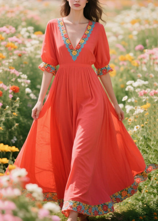 DIY Orange Exra Large Hem Patchwork Flower Cotton Vacation Dresses Summer